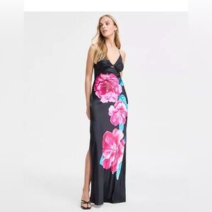 Chic Floral Maxi Dress in Black with Pink and Blue
